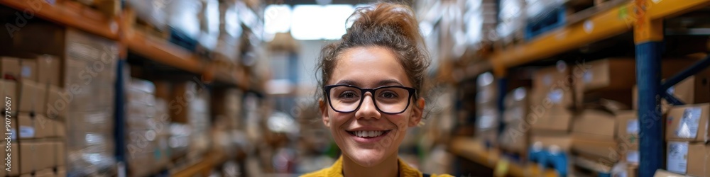 Smiling online store owner happy to manage website orders working in warehouse Female entrepreneur excelling in e commerce business Smiling online store owner happy to manage website orders working in warehouse Female entrepreneur excelling in e commerce business