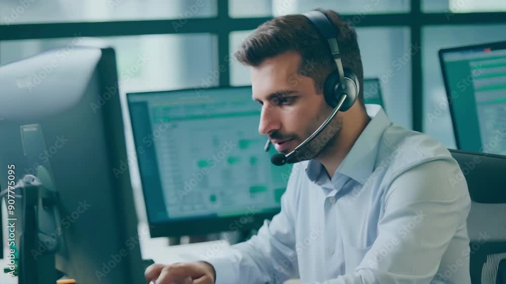 Call center. Man with headphones in headset talking, answering customer calls. Online support centre. Guy supporter helping clients. Support service. Online phone sales. Remote distant consultation. Call center. Man with headphones in headset talking, answering customer calls. Online support centre. Guy supporter helping clients. Support service. Online phone sales. Remote distant consultation.
