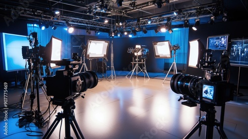 Professional Studio Setup with Multiple Cameras and Lighting for Filmmaking or Television Production