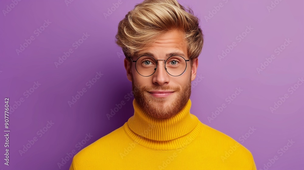 A man with glasses and a yellow sweater is smiling. The image has a cheerful and friendly mood A man with glasses and a yellow sweater is smiling. The image has a cheerful and friendly mood
