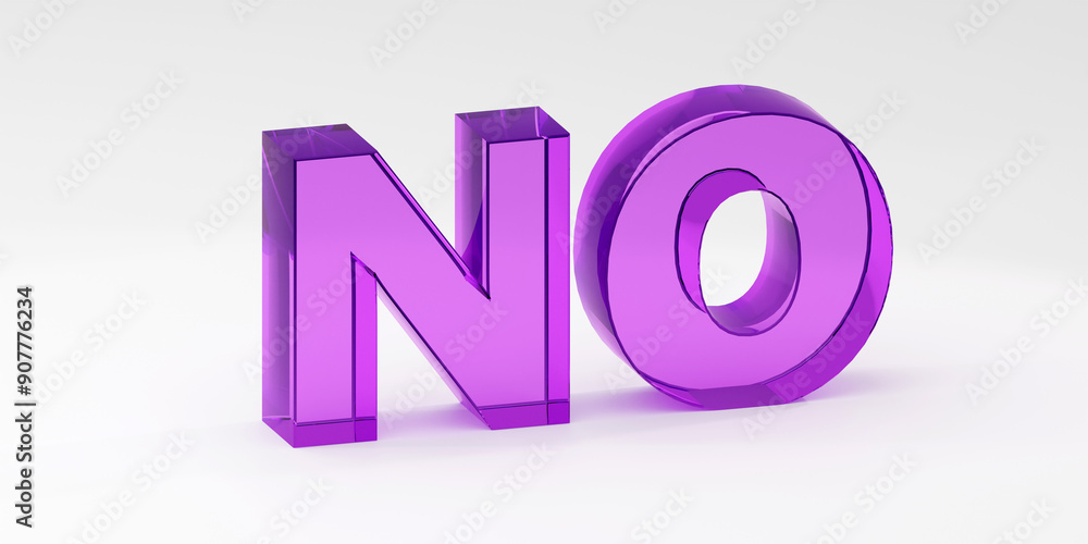 Luxury purple glass inscription no on grey podium, soft light, smooth background, 3d rendering