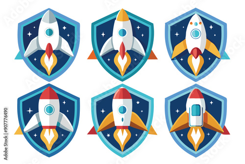 Six Colorful Rocket Ship Emblems with Starry Night Backgrounds