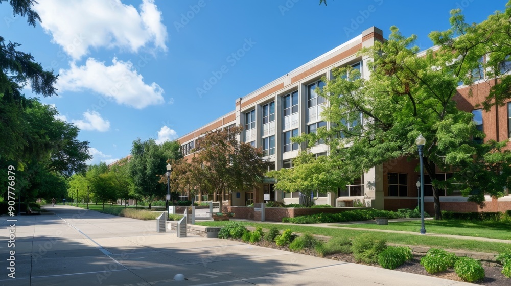 Modern Brick Building with Green Trees and Walkway. Modern Brick Building with Green Trees and Walkway.