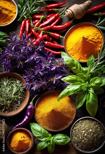 vibrant arrangement fresh herbs spices colorful display bounty, basil, cilantro, parsley, rosemary, thyme, dill, mint, oregano, chive, sage, tarragon, bay photo