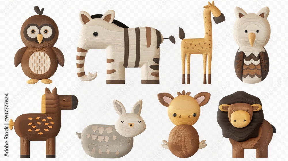 Fototapeta premium Wooden animal toys collection zebra, elephant, horse, owl, pig, sheep, rabbit, hen isolated on transparent background.
