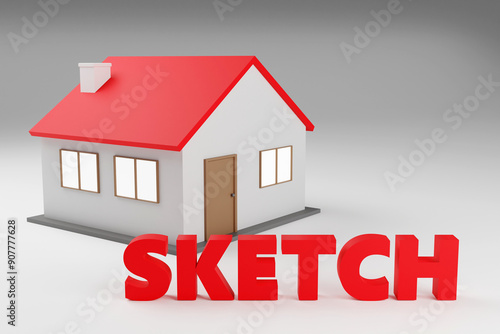 Luxury red inscription sketch with small cute house and grey background, soft light, smooth background, 3d rendering