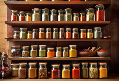 Wallpaper Mural colorful vibrant spice containers elegantly organized kitchen showcasing beautiful arrangement various spices decorative jars, organization, shelf, herbs Torontodigital.ca