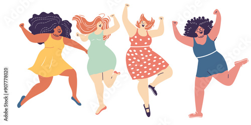 Four diverse women celebrating, dancing joyfully, vibrant dresses hairstyles. Happy female group, body positivity, cheerful party scene, diverse body types. Illustration women, fun gathering