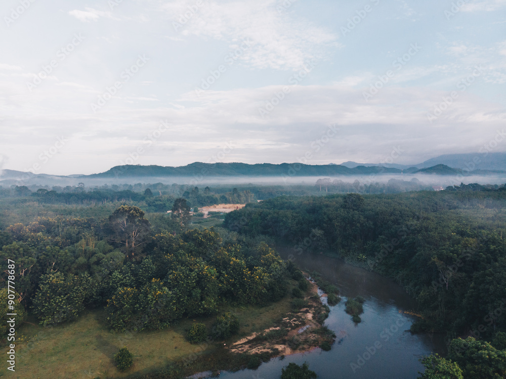 Aerial view river with nature landscape tropical forest morning fog sun rise Aerial view river with nature landscape tropical forest morning fog sun rise
