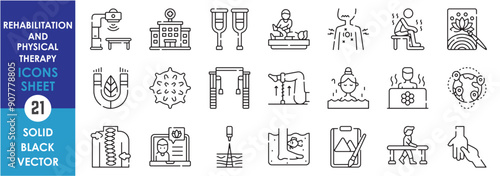 A set of line icons related to Rehabilitation and Physical Therapy. Natural, magnetic, massage, hydrotherapy, worldwide, exercise, fish spa, online, therapy balls and so on. Vector outline icons set.