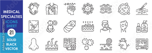 A set of line icons related to Medical Specialties. Cardiology
, Neurology
, Oncology
, Pediatrics, Dermatology, heart, baby, cure, skin, brain and so on. Vector outline icons set.