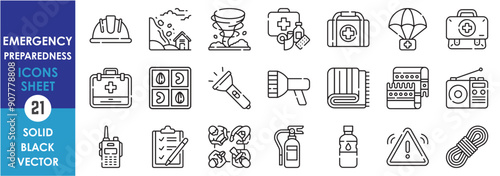 A set of line icons related to Emergency Preparedness. Helmet, disaster, aid, kit, bag, dried food, flashlight, clothes, radio, planning and so on. Vector outline icons set.