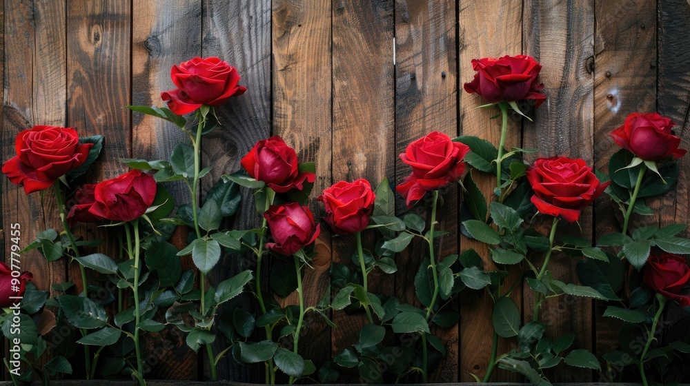 Red roses displayed on a wooden backdrop Red roses displayed on a wooden backdrop