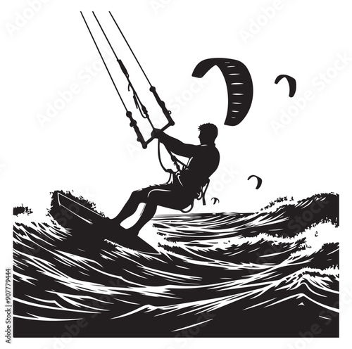 Kitesurfing Kite Surfing silhouette vector on white background.