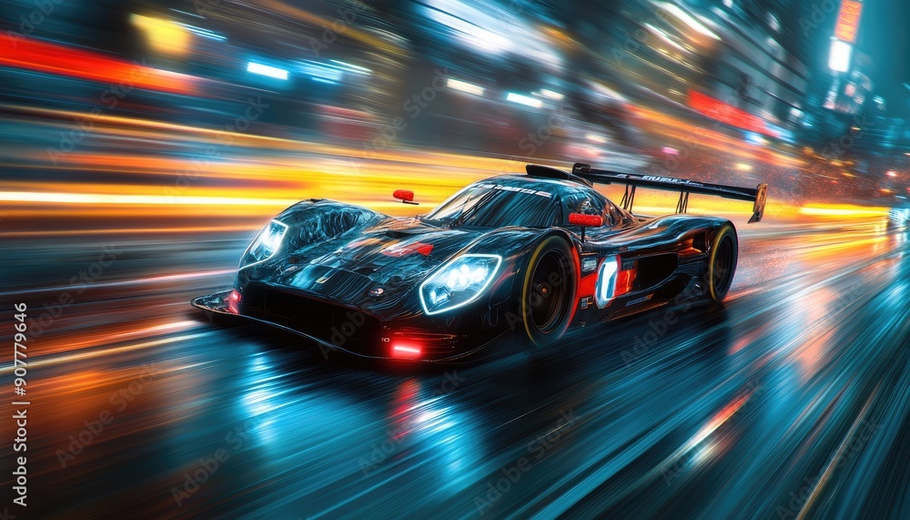 Black Sports Car Speeding Through City at Night Black Sports Car Speeding Through City at Night