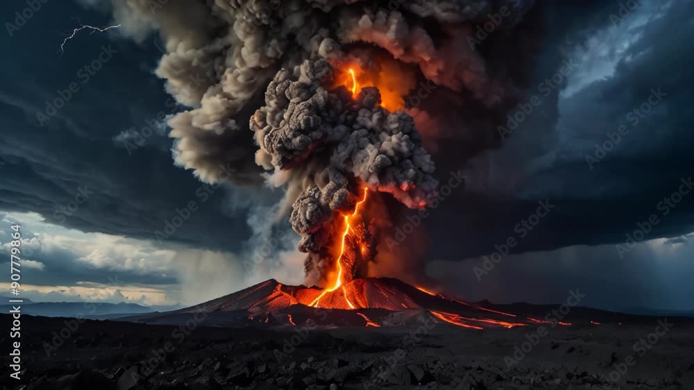 Fiery volcanic eruption with ash cloud and lightning, lava flows down ...