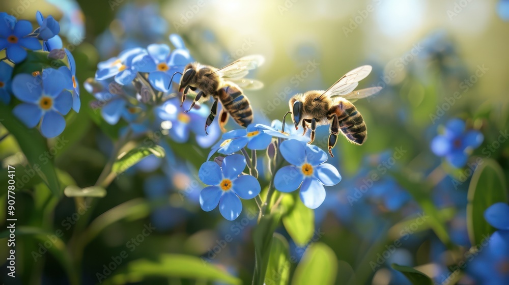 The bees on blue flowers