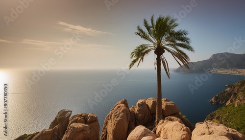 Palm Perch A lone palm tree standing tall on a rocky outcrop, overlooking a vast expanse of ocean.