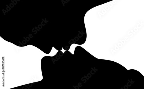 vector black and white silhouette image of two people in love face to face moments before kissing isolated on white background. useful for valentine's day cards, marriage, print, design, poster.