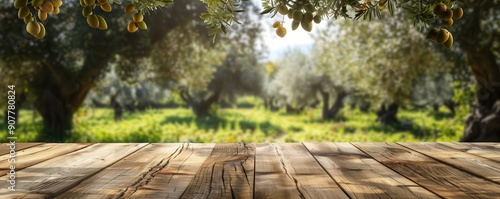 Rustic wooden table in an olive grove with oranges on it. Free copy space for text.