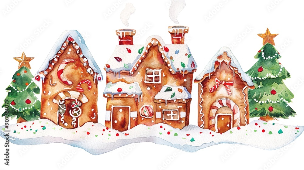 Watercolor Christmas House Illustration with Detailed Cookie Design, Falling Snow, and Christmas Trees: A Festive Vector Logo Watercolor Christmas House Illustration with Detailed Cookie Design, Falling Snow, and Christmas Trees: A Festive Vector Logo
