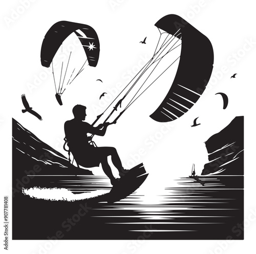 Kitesurfing Kite Surfing silhouette vector on white background.