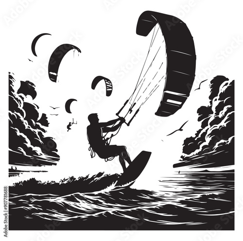 Kitesurfing Kite Surfing silhouette vector on white background.