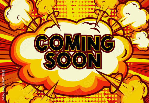 Coming soon Flat comic style red background copy space
