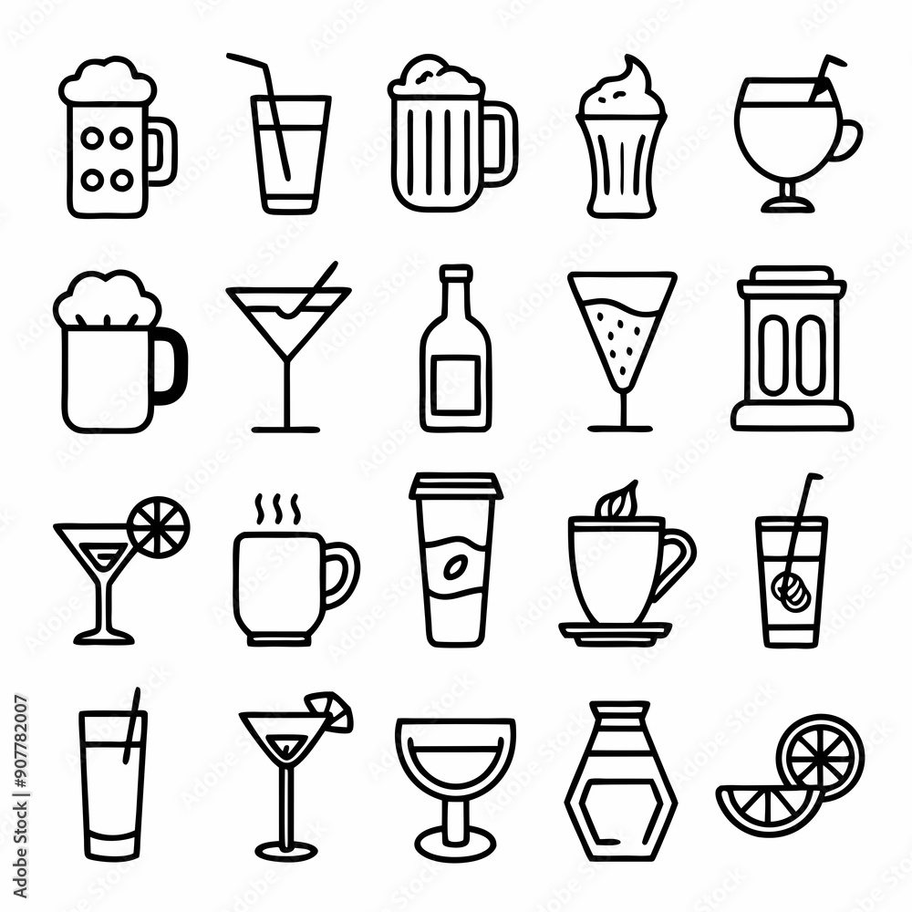 Drinks and beverages outline icons set art vector illustration Drinks and beverages outline icons set art vector illustration
