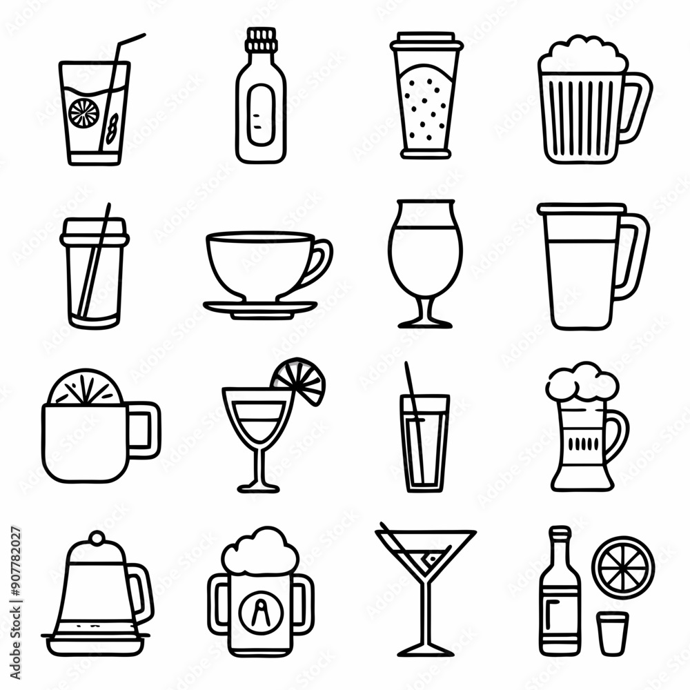 Drinks and beverages outline icons set art vector illustration Drinks and beverages outline icons set art vector illustration