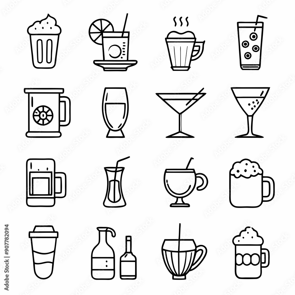 Drinks and beverages outline icons set art vector illustration Drinks and beverages outline icons set art vector illustration