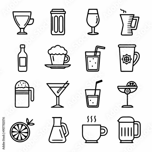 Drinks and beverages outline icons set art vector illustration