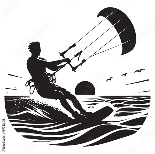  Kitesurfing Kite Surfing silhouette vector on white background.