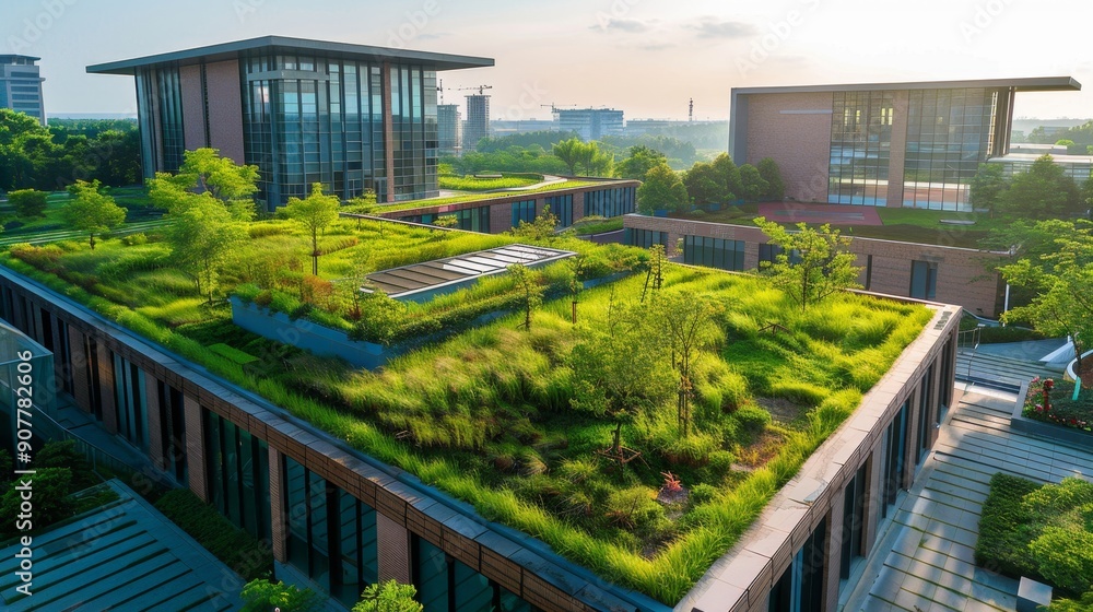 Modern Building with Green Roof and Cityscape. Modern Building with Green Roof and Cityscape.