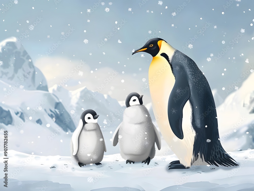 Fototapeta premium Penguin family on a snowy landscape