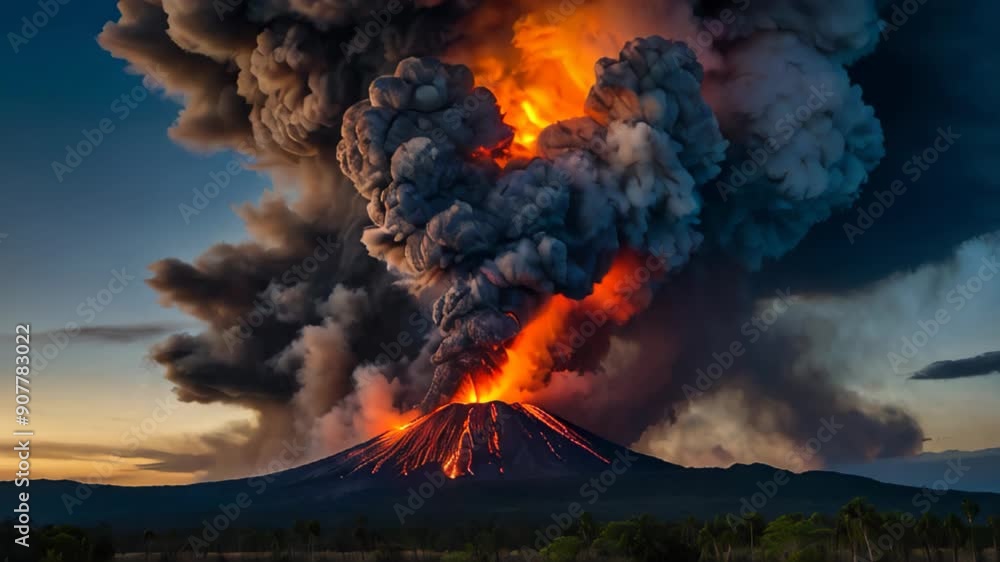 Dramatic eruption of a volcano with massive ash clouds and lava flow ...
