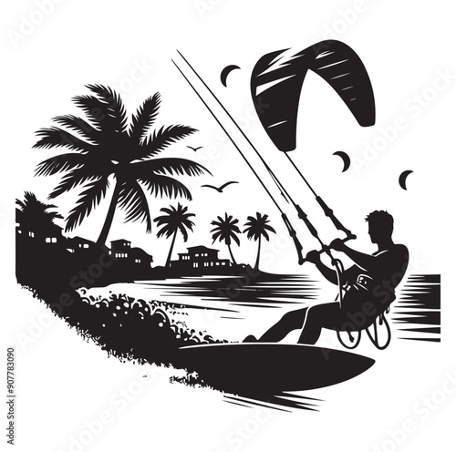  Kitesurfing Kite Surfing silhouette vector on white background.