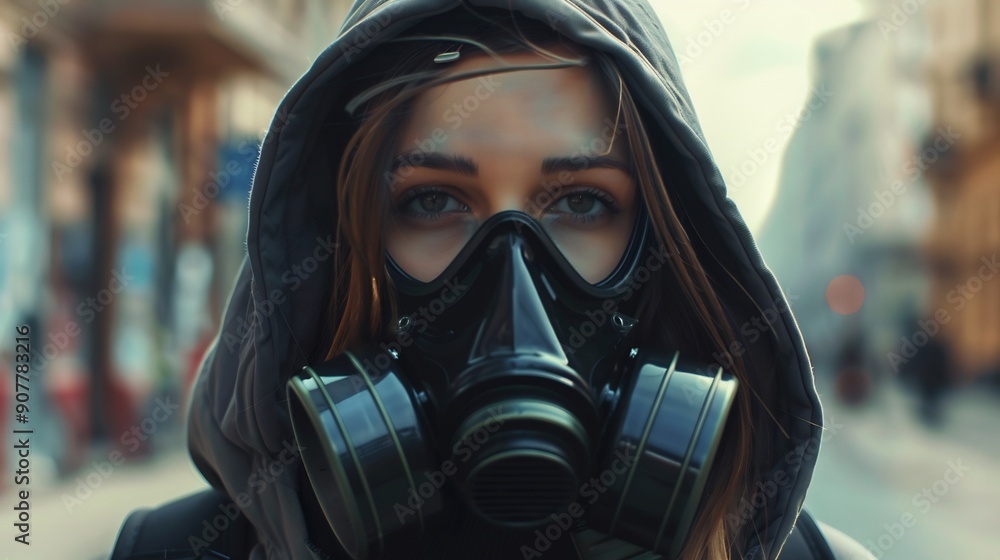 Beautiful woman in Cyberpunk style hoodie and gas mask Beautiful woman in Cyberpunk style hoodie and gas mask