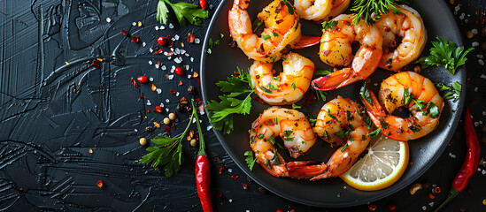 Sauteed shrimps and prawns seasoned with garlic, herbs, and lemon, displayed on a black background with copy space image