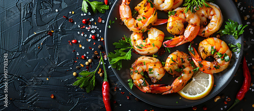 Panel kuchenny z motywem Sauteed shrimps and prawns seasoned with garlic, herbs, and lemon, displayed on a black background with copy space image