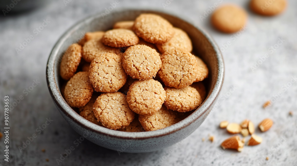 Bowl of small vegan almond cookies, with crumbled pieces beside it Bowl of small vegan almond cookies, with crumbled pieces beside it