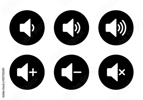 Speaker volume icon set collection on black circle. Sound level sign symbol