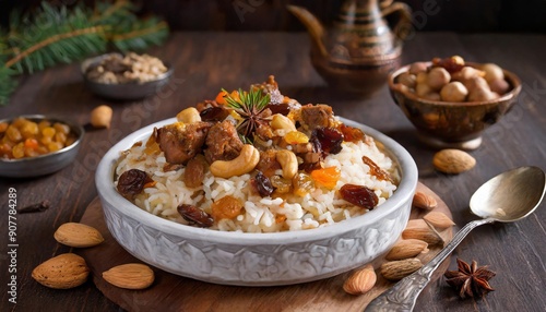 Tasty Qobooli: Spiced Rice Dish with Meat, Nuts, and Raisins