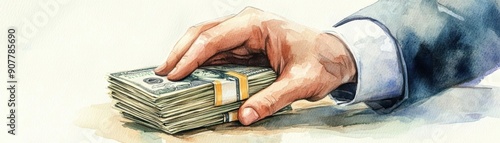 Watercolor illustration of a businessmans hand discreetly passing a stack of cash under the table, with soft edges and muted colors