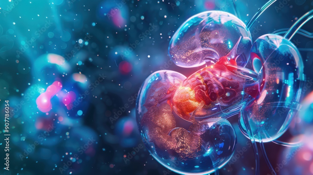 A colorful, abstract image of a cell with a red heart A colorful, abstract image of a cell with a red heart