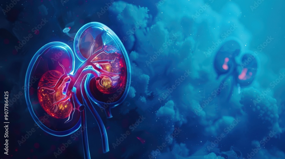 A pair of kidneys are shown in a blue background A pair of kidneys are shown in a blue background