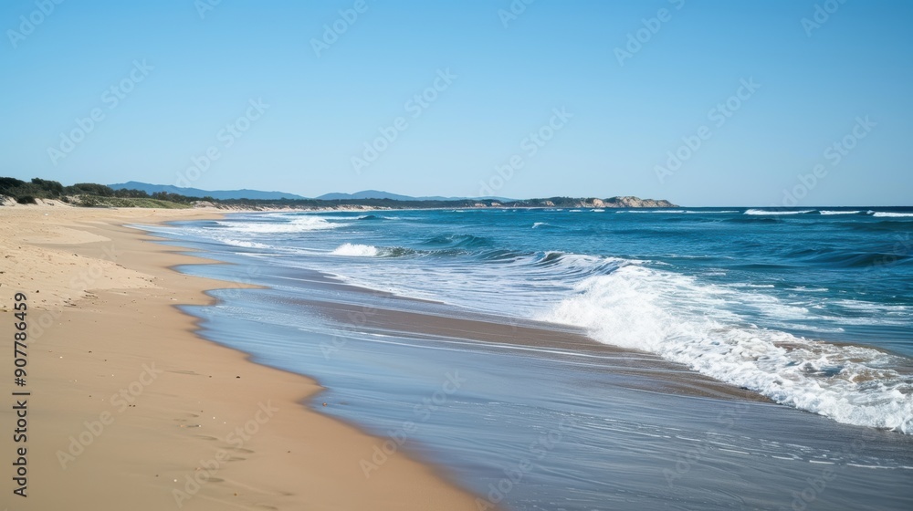 Gentle waves crash on a sunny beach, creating a peaceful atmosphere. The clear sky complements the stunning landscape, perfect for summer travel and relaxation Gentle waves crash on a sunny beach, creating a peaceful atmosphere. The clear sky complements the stunning landscape, perfect for summer travel and relaxation