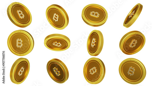 3D rendering of set of abstract golden Bitcoin coins concept in different angles. Bitcoin sign on golden coin isolated on transparent background 