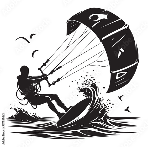Kitesurfing Kite Surfing silhouette vector on white background.