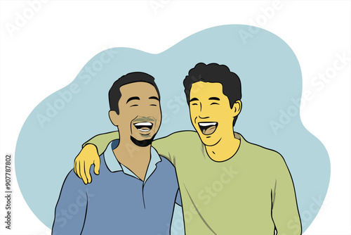 Two friends joyfully laugh together, embracing each other in a warm, friendly atmosphere.